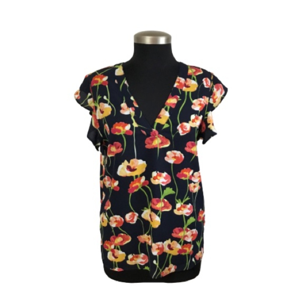 c&e Navy Floral Flutter Sleeve Blouse Medium